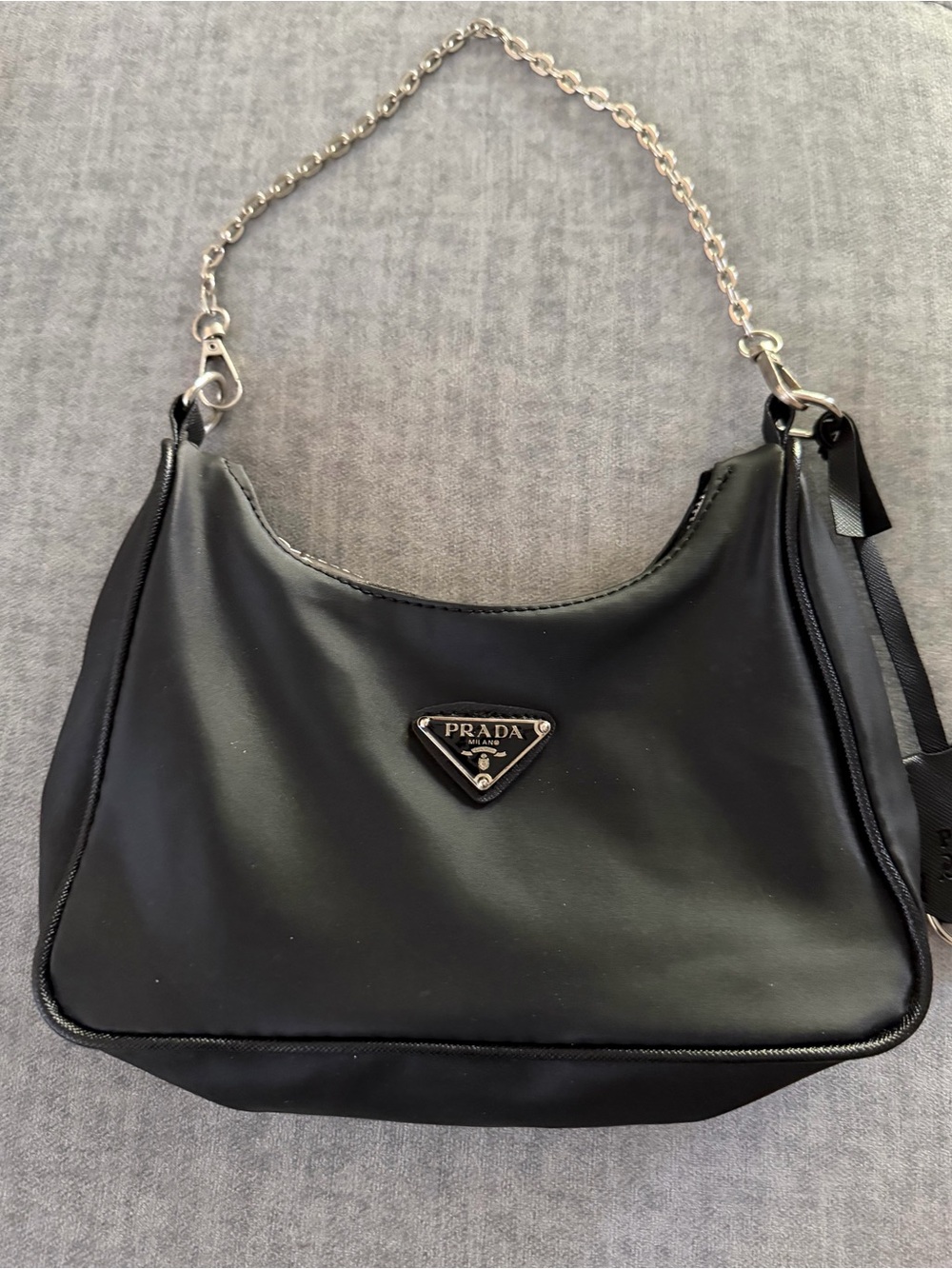 Black Nylon Shoulder Bag with Chain Strap